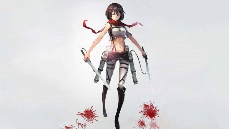 Mikasa Ackerman, Anime Girls, Weapon, Gray Background, Shingeki No Kyojin HD Wallpaper Desktop Background
