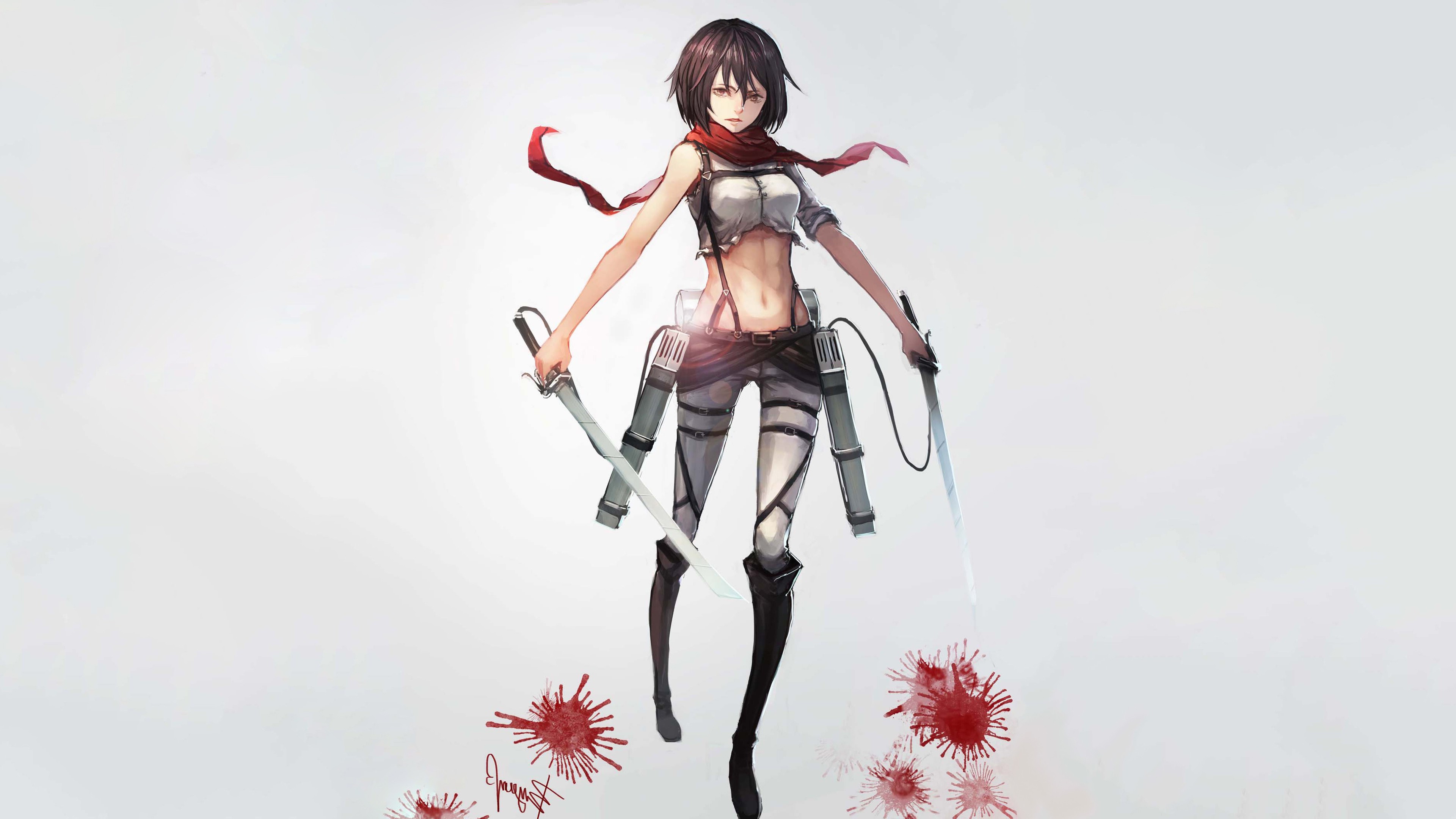 Mikasa Ackerman Anime Girls Weapon Gray Background Shingeki No