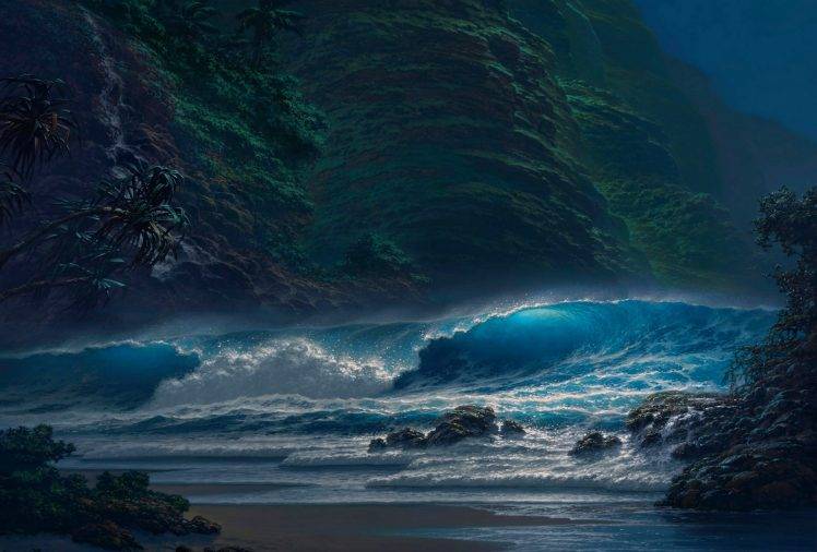 nature, Landscape, Beach, Palm Trees, Coast, Sea, Waves, Cliff, Moonlight, Sand, Night HD Wallpaper Desktop Background