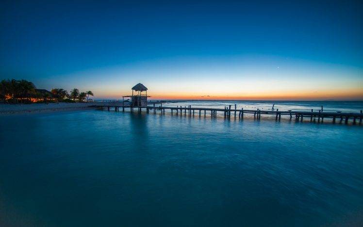 nature, Beach, Sunset, Walkway, Tropical, Sea, Palm Trees, Landscape, Blue, Water, Mexico, Island HD Wallpaper Desktop Background