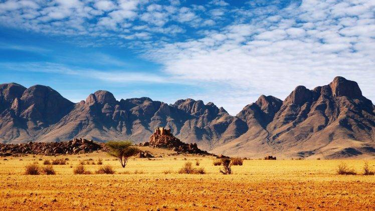 nature, Landscape, Mountain, Clouds, Namibia, Africa, Desert, Rock, Trees, Stones, Plants HD Wallpaper Desktop Background