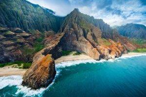 nature, Landscape, Aerial View, Coast, Beach, Cliff, Sea, Mountain, Clouds, Rock, Kauai, Island, Sand