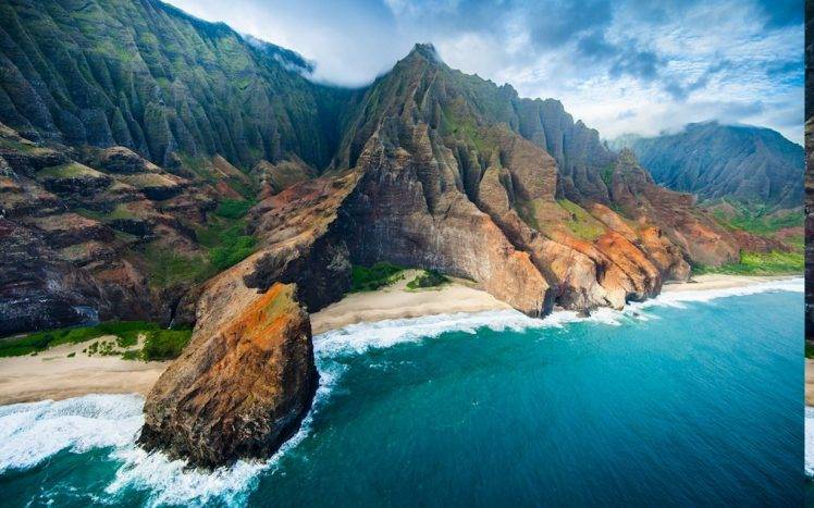 nature, Landscape, Aerial View, Coast, Beach, Cliff, Sea, Mountain, Clouds, Rock, Kauai, Island, Sand HD Wallpaper Desktop Background