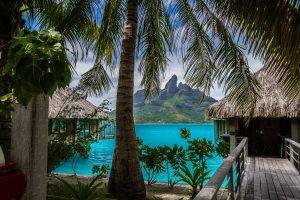 nature, Landscape, Tropical, Island, Beach, Resort, Palm Trees, Sea, Bora Bora, Vacations, Summer, Mountain