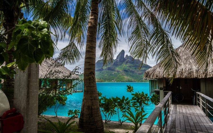 nature, Landscape, Tropical, Island, Beach, Resort, Palm Trees, Sea, Bora Bora, Vacations, Summer, Mountain HD Wallpaper Desktop Background