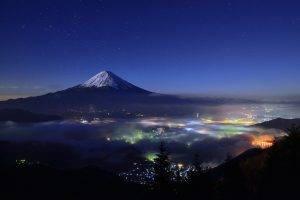 nature, Landscape, Starry Night, Mountain, Cityscape, Mist, Snowy Peak, Lights, Trees, Mount Fuji, Japan