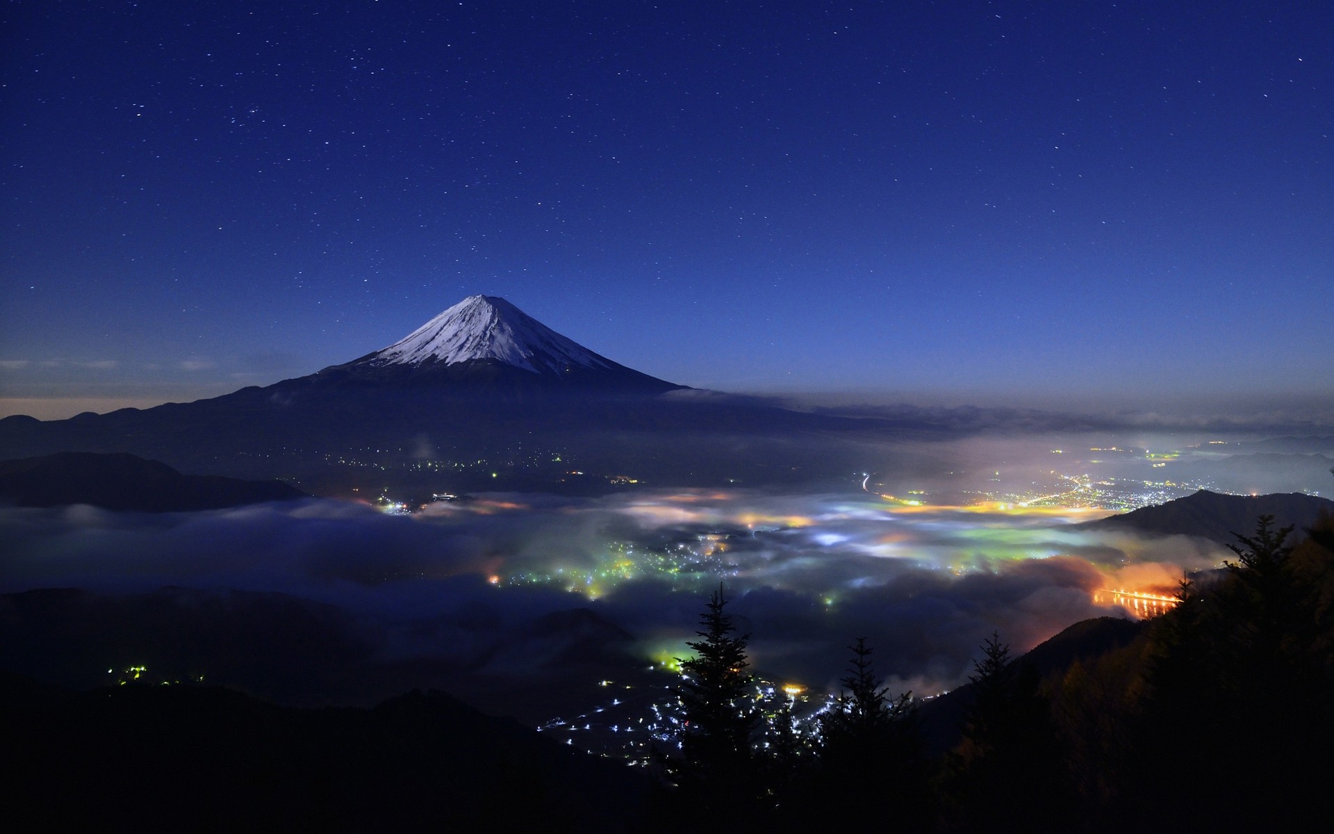 nature, Landscape, Starry Night, Mountain, Cityscape, Mist, Snowy Peak, Lights, Trees, Mount Fuji, Japan Wallpaper
