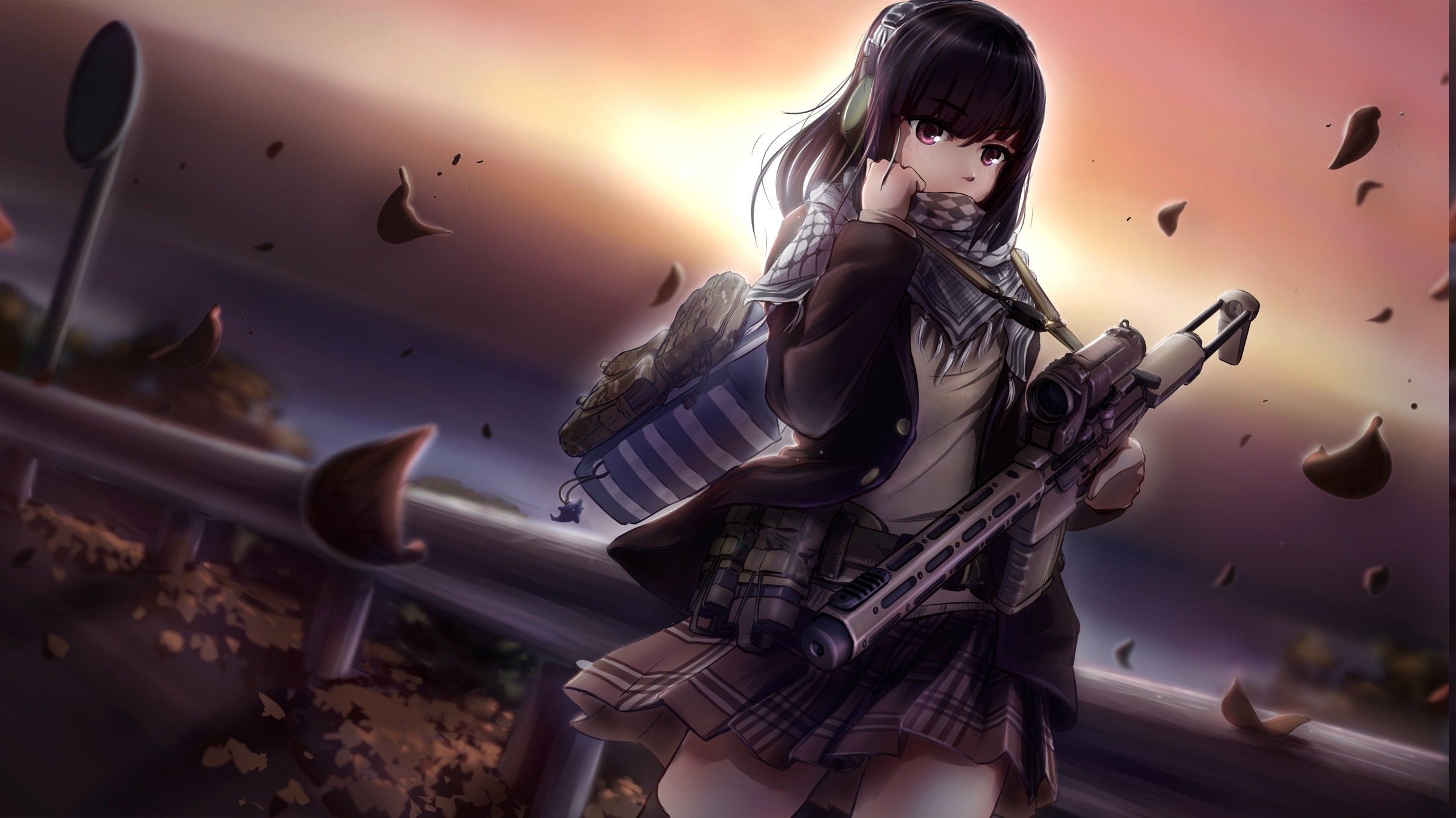 anime Girls, Anime, Scarf, Original Characters, Black Hair, Gun, Headphones, Leaves, Long Hair 