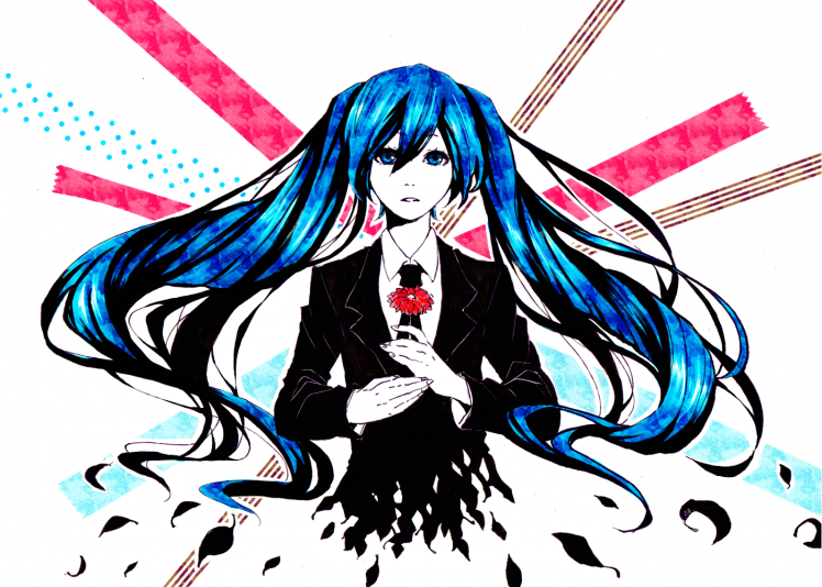 Vocaloid, Hatsune Miku, Anime Girls, Bangs, Twintails, Long Hair, Blue Hair, Blue Eyes, Tie, Jacket, Leaves HD Wallpaper Desktop Background