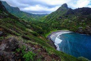 nature, Landscape, Beach, Mountain, Island, Sea, Wildflowers, Trees, Green, Clouds, Coves, French Polynesia, Tropical