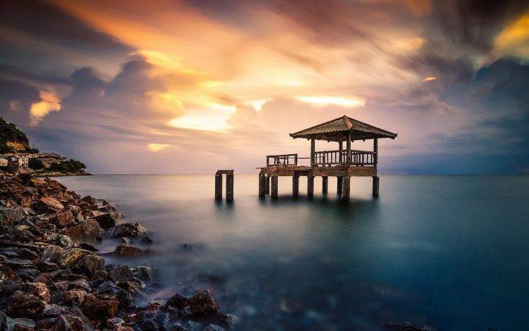 nature, Landscape, Coast, Sea, Sunrise, Clouds, Ruin, Abandoned, Dock, Rock, Thailand, Calm, Colorful HD Wallpaper Desktop Background