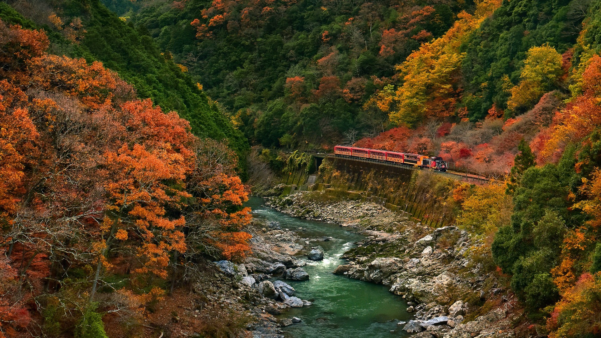 nature, Landscape, Trees, Forest, Branch, Leaves, Colorful, Fall, Rock, Stones, River, Stream, Water, Train, Railway, Bridge Wallpaper