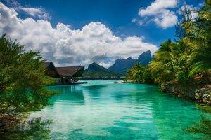 landscape, Nature, Sea, Resort, Palm Trees, Bora Bora, Tropical, Island, Mountain, Beach, Clouds, French Polynesia, Summer, Vacations, Water, Turquoise