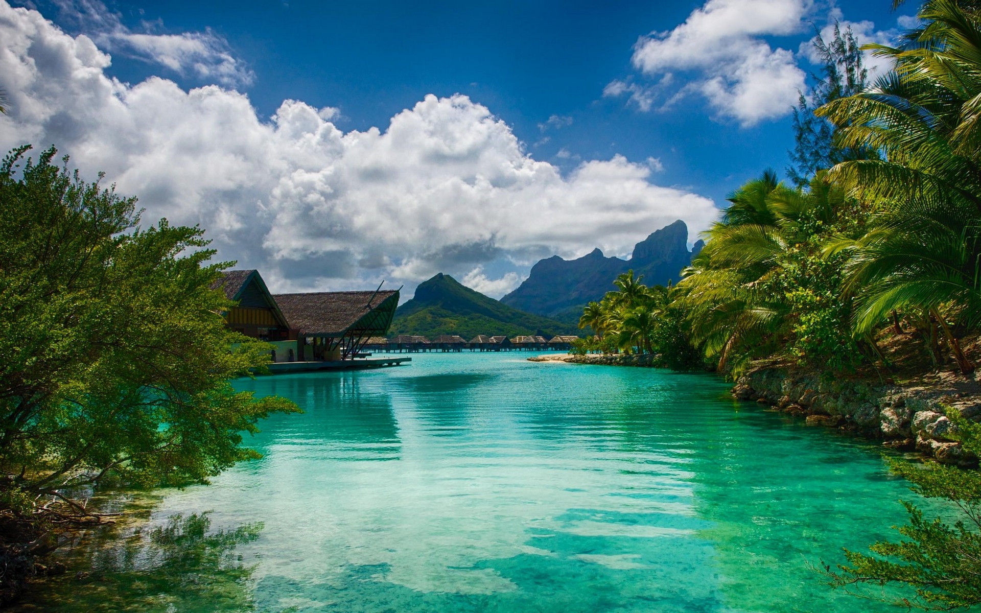 landscape, Nature, Sea, Resort, Palm Trees, Bora Bora, Tropical, Island, Mountain, Beach, Clouds, French Polynesia, Summer, Vacations, Water, Turquoise Wallpaper