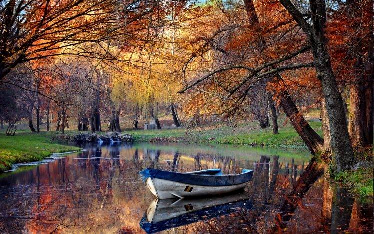 landscape, Fall, Boat, Park, Pond, Reflection, Trees, Nature, Water, Grass HD Wallpaper Desktop Background