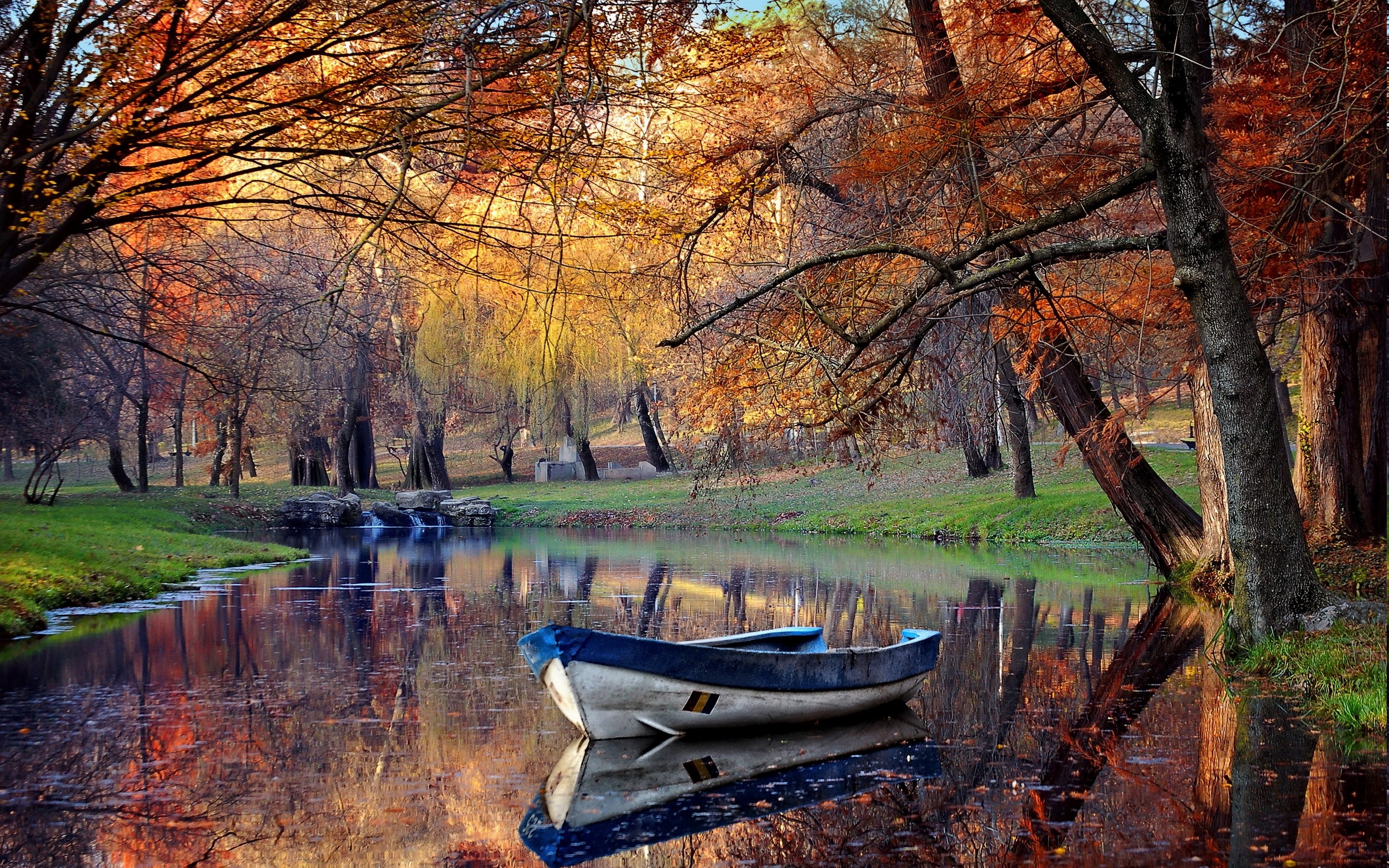 landscape, Fall, Boat, Park, Pond, Reflection, Trees, Nature, Water, Grass Wallpaper