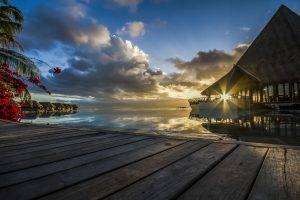 sunset, Tahiti, French Polynesia, Resort, Sea, Tropical, Nature, Palm Trees, Sun Rays, Walkway, Bungalow, Flowers, Clouds, Landscape, Summer, Vacations