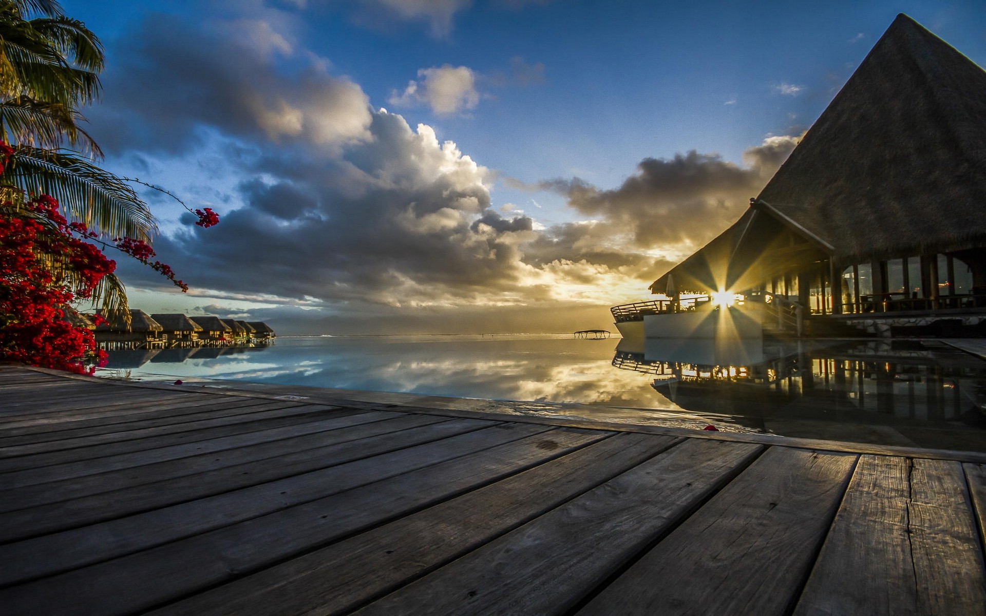 sunset, Tahiti, French Polynesia, Resort, Sea, Tropical, Nature, Palm Trees, Sun Rays, Walkway, Bungalow, Flowers, Clouds, Landscape, Summer, Vacations Wallpaper