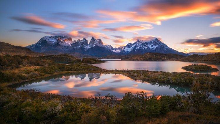 nature, Landscape, Mountain, Snow, Water, Lake, Snowy Peak, Field, Patagonia, Chile, Trees, Clouds, Hill, Sunset, Island, Reflection, Long Exposure HD Wallpaper Desktop Background