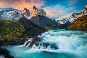 nature, Landscape, Torres Del Paine, Horns, Fall, Chile, Waterfall, Sunrise, Mountain, Snowy Peak, Long Exposure, Turquoise, Water, River