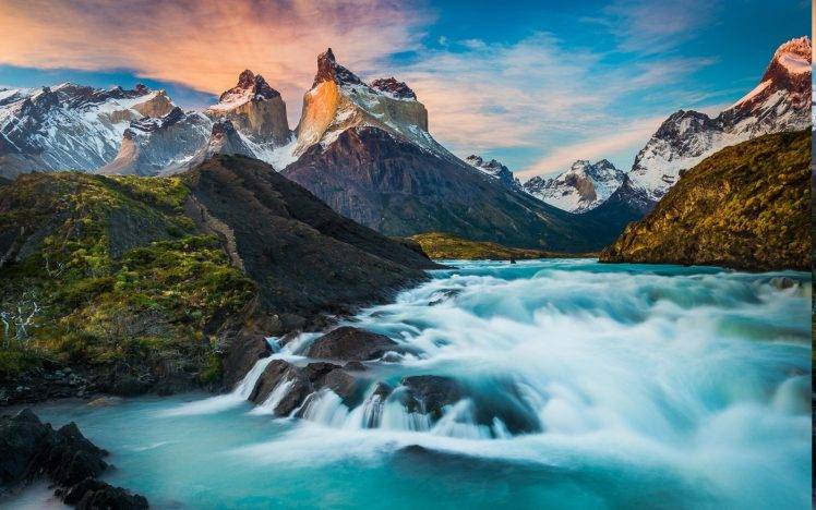 nature, Landscape, Torres Del Paine, Horns, Fall, Chile, Waterfall, Sunrise, Mountain, Snowy Peak, Long Exposure, Turquoise, Water, River HD Wallpaper Desktop Background