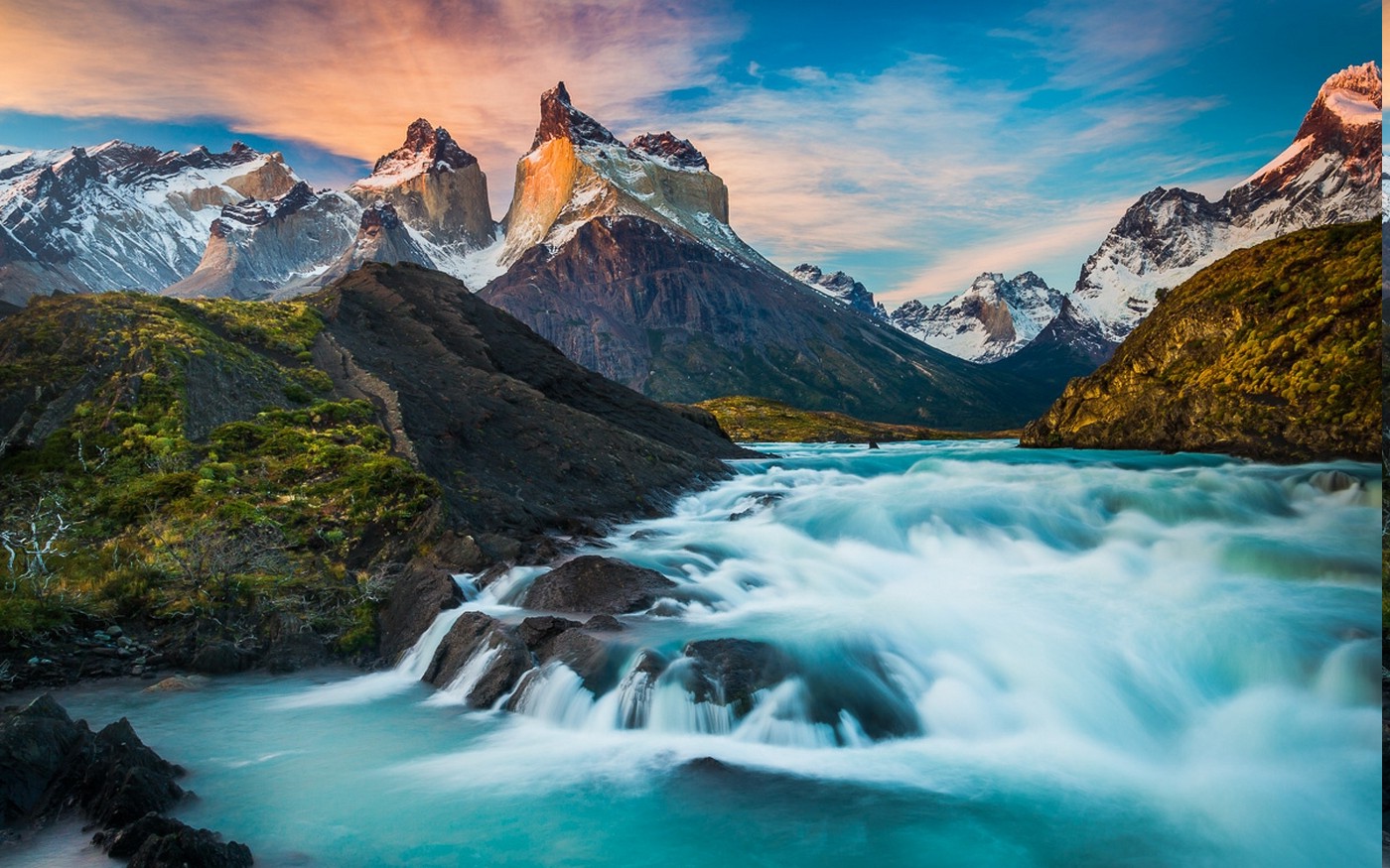 nature, Landscape, Torres Del Paine, Horns, Fall, Chile, Waterfall, Sunrise, Mountain, Snowy Peak, Long Exposure, Turquoise, Water, River Wallpaper