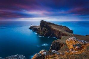 nature, Landscape, Lighthouse, Sunset, Sea, Cliff, Clouds, Coast, New Zealand, Horizon, Blue