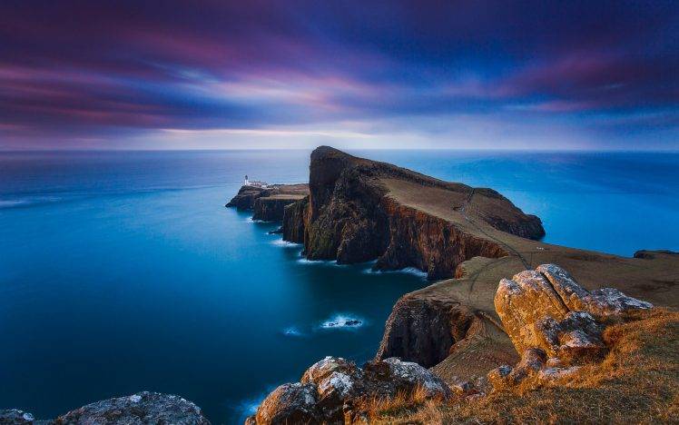 nature, Landscape, Lighthouse, Sunset, Sea, Cliff, Clouds, Coast, New Zealand, Horizon, Blue HD Wallpaper Desktop Background