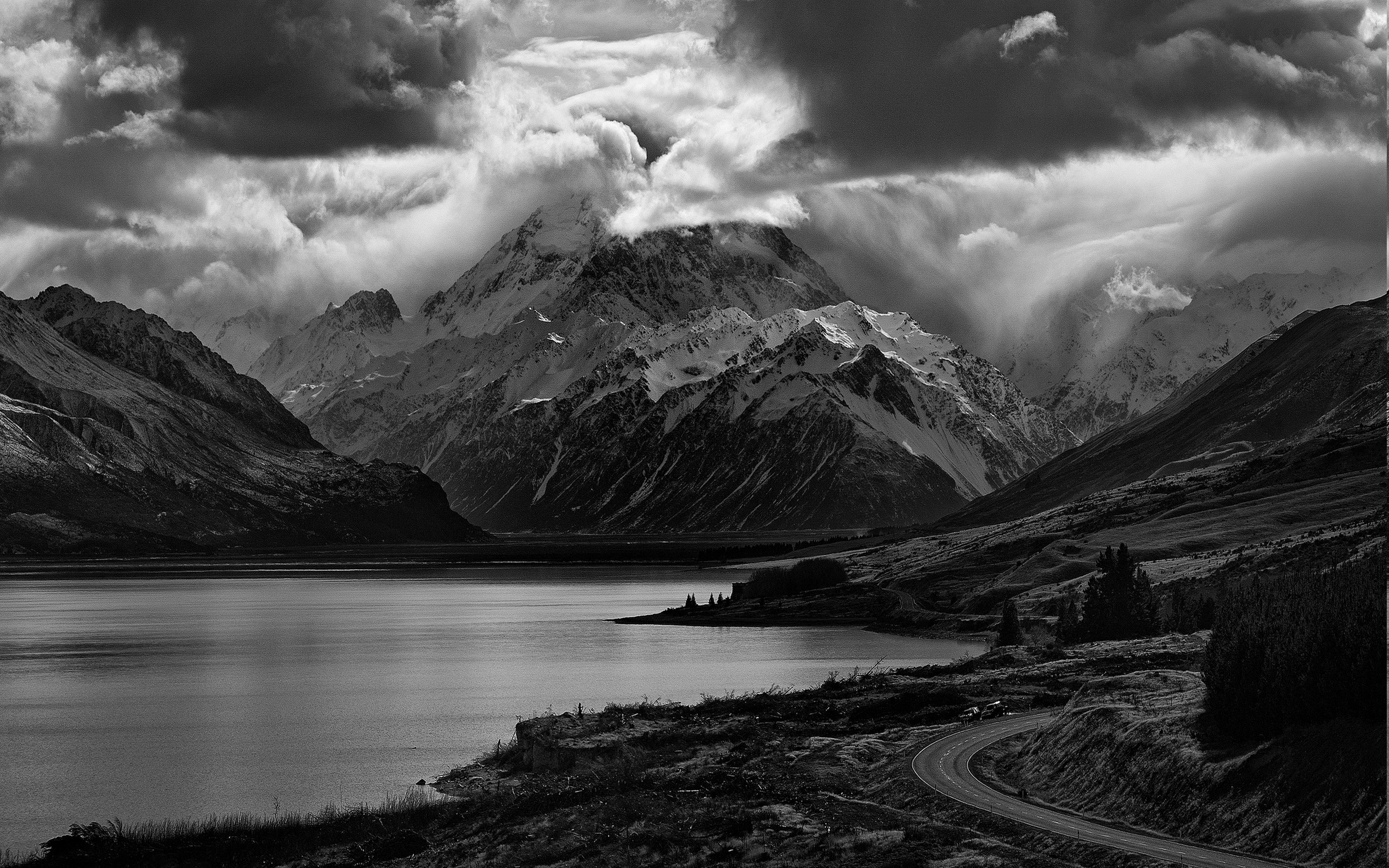 nature, Landscape, Lake, Mountain, Road, Clouds, Monochrome, Scotland, Trees, Snowy Peak, Dark