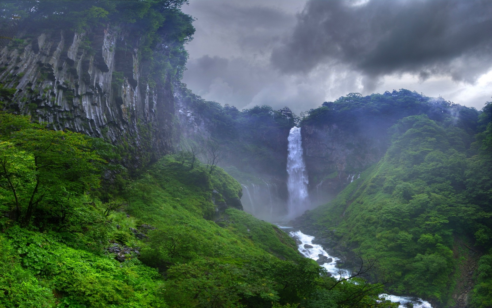 nature, Landscape, Waterfall, River, Forest, Clouds, Japan, Mist, Trees Wallpaper