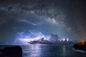 nature, Landscape, Long Exposure, Starry Night, Milky Way, Galaxy, Clouds, Sea, Coast, Space, Lights