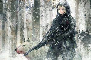 anime, Anime Girls, Wolf, Snow, Forest, Snipers