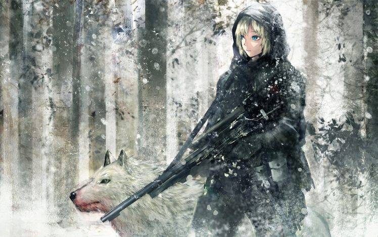 anime, Anime Girls, Wolf, Snow, Forest, Snipers HD Wallpaper Desktop Background