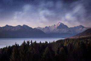 nature, Trees, Forest, Landscape, Mountain, Evening, Water, Lake, Snow, Snowy Peak, Stars, Clouds, Pine Trees, Hill, Long Exposure