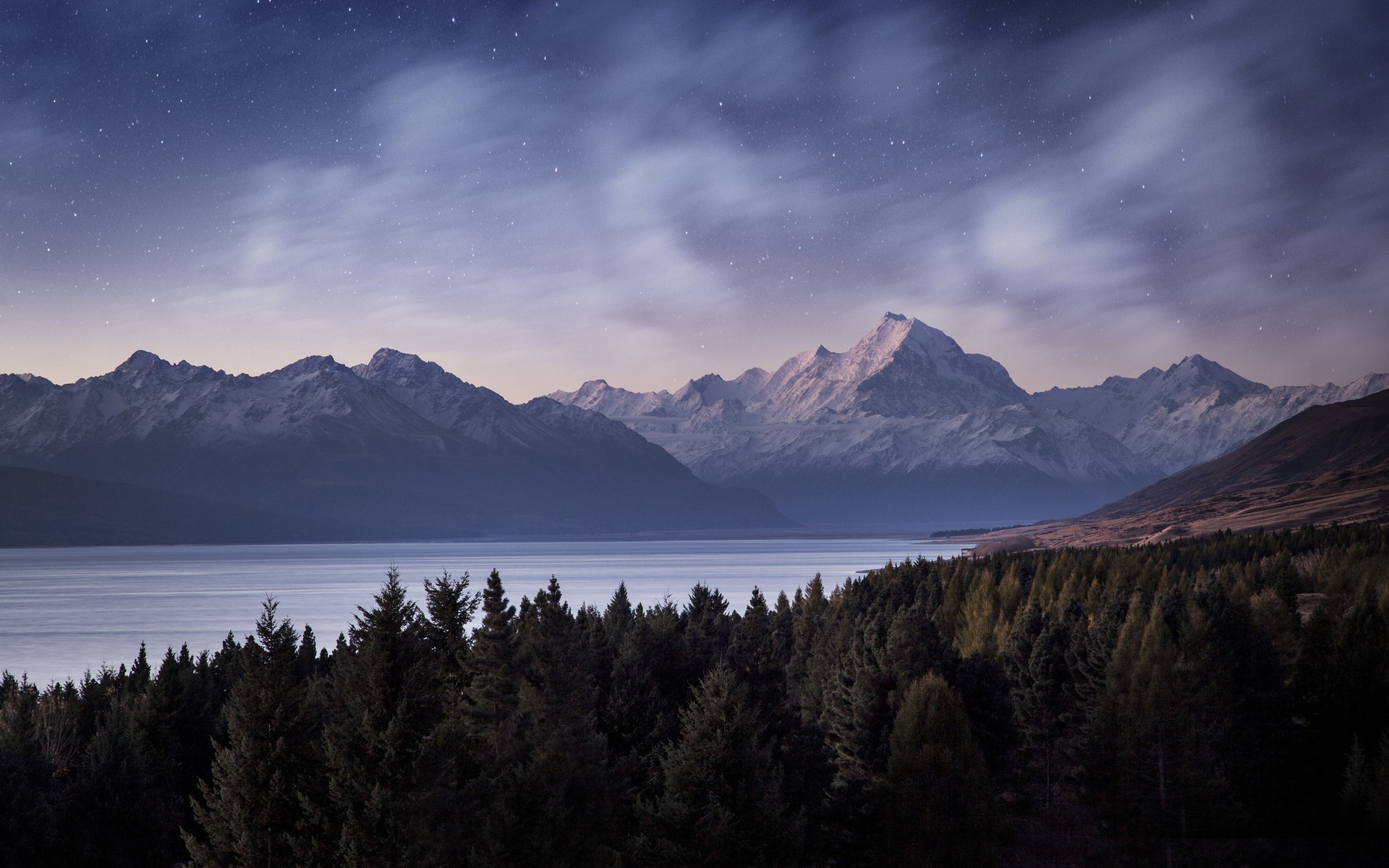 nature, Trees, Forest, Landscape, Mountain, Evening, Water, Lake, Snow, Snowy Peak, Stars, Clouds, Pine Trees, Hill, Long Exposure Wallpaper