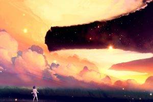 artwork, Clouds, Field, Sky, Stars, Anime