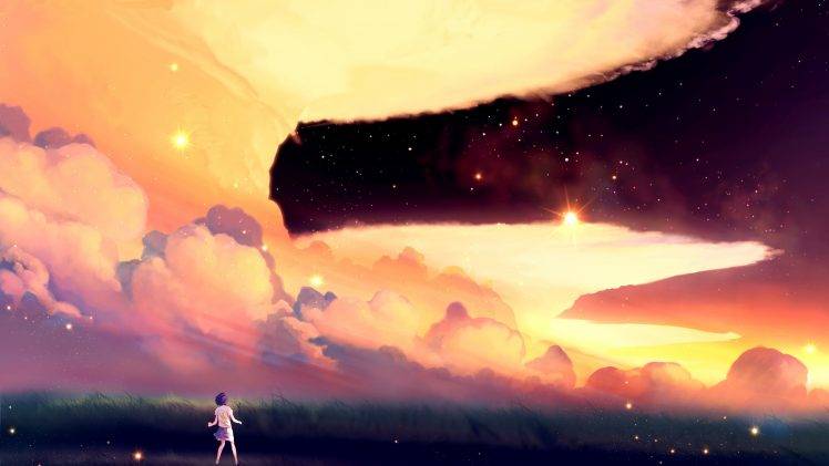 artwork, Clouds, Field, Sky, Stars, Anime HD Wallpaper Desktop Background