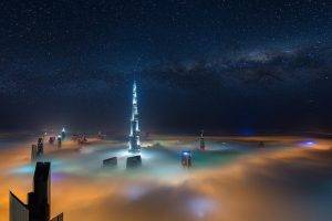 cityscape, Long Exposure, Milky Way, Mist, Skyscraper, Dubai, Starry Night, Landscape, Colorful, Sky, Architecture, Night
