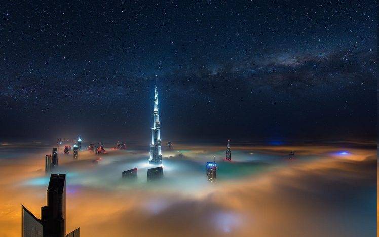 cityscape, Long Exposure, Milky Way, Mist, Skyscraper, Dubai, Starry Night, Landscape, Colorful, Sky, Architecture, Night HD Wallpaper Desktop Background