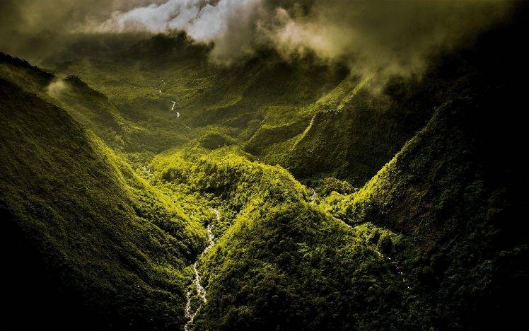 nature, Landscape, Mountain, Mist, Clouds, Valley, River, Forest, Green, Hawaii, Island, Aerial View HD Wallpaper Desktop Background