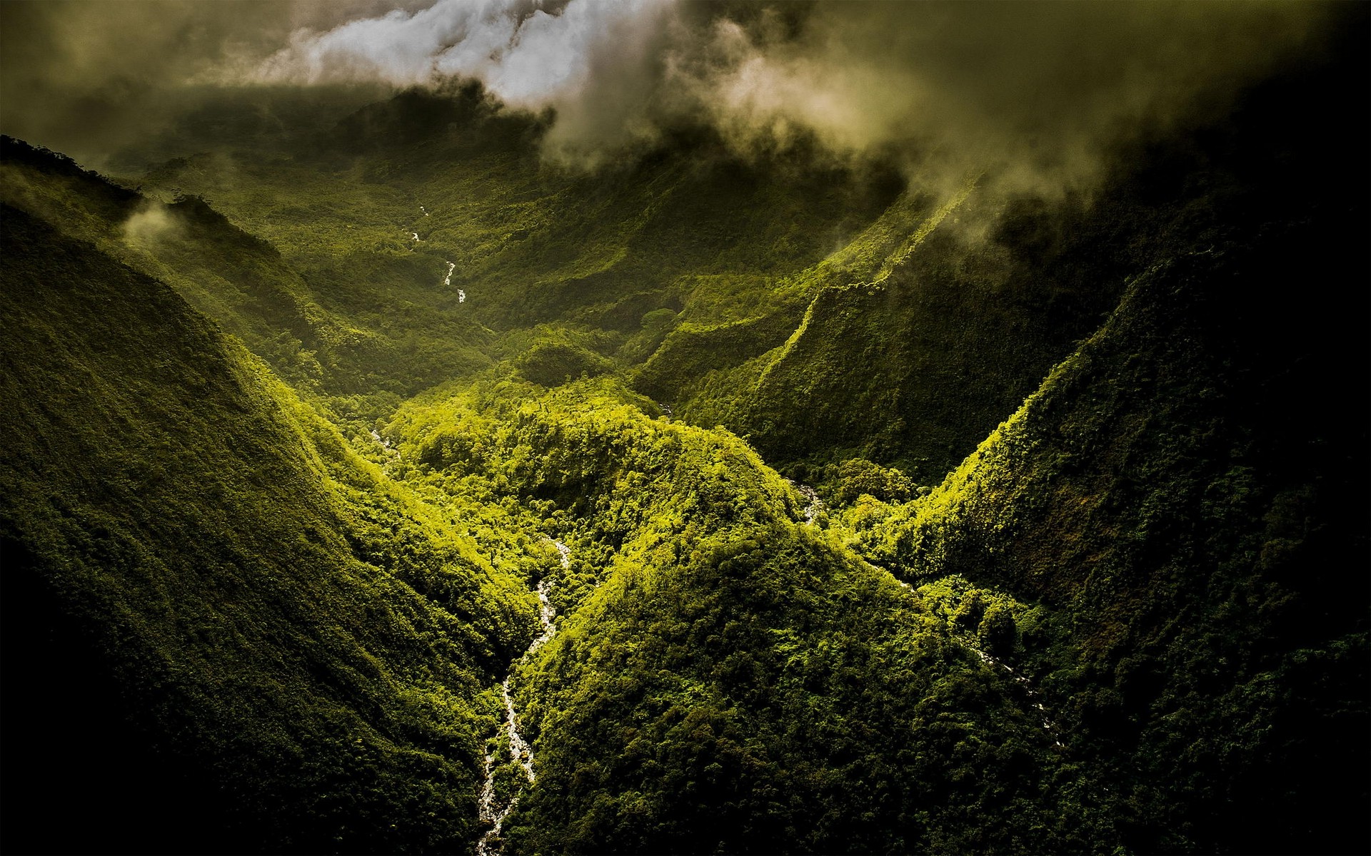 nature, Landscape, Mountain, Mist, Clouds, Valley, River, Forest, Green, Hawaii, Island, Aerial View Wallpaper