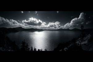 lake, Landscape, Clouds, Black, White