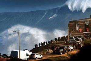 landscape, Nature, Huge, Waves, Sea, Surfing, Sports, Water, Walls, People, Car, Portugal