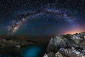 starry Night, Milky Way, Long Exposure, Rock, Coast, Sea, Lights, Nature, Landscape, Space