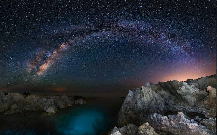 starry Night, Milky Way, Long Exposure, Rock, Coast, Sea, Lights, Nature, Landscape, Space HD Wallpaper Desktop Background