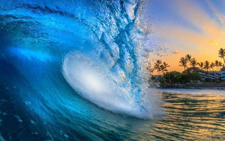 nature, Landscape, Sunrise, Waves, Beach, Hawaii, Building, Palm Trees, Sea, Blue, Water, Sun Rays HD Wallpaper Desktop Background