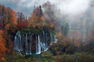 nature, Landscape, Waterfall, Forest, Mist, Morning, Trees, Fall, Plitvice National Park, Croatia, Colorful