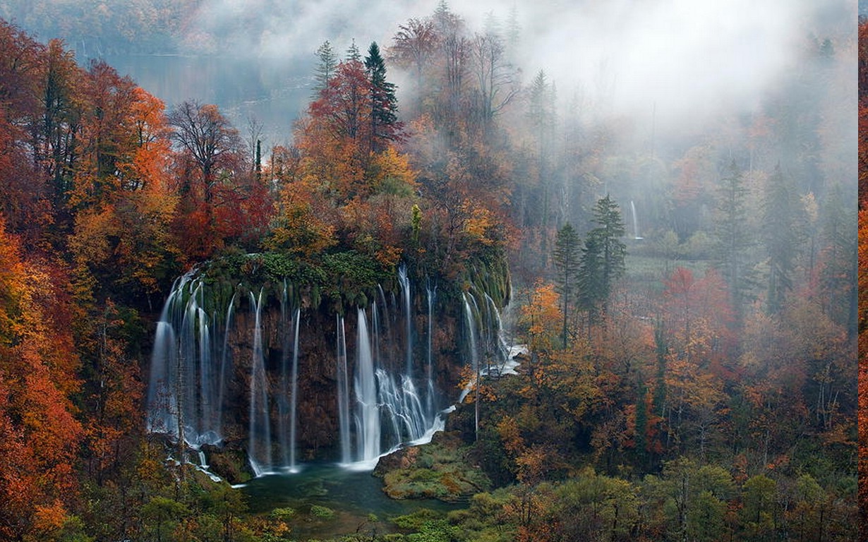 nature, Landscape, Waterfall, Forest, Mist, Morning, Trees, Fall, Plitvice National Park, Croatia, Colorful Wallpaper
