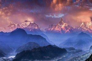 nature, Landscape, Himalayas, Mountain, Sunset, Clouds, Mist, Valley, Nepal, Villages, Sky, Blue, Snowy Peak