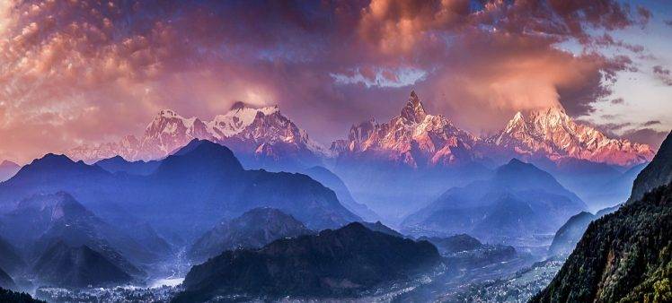 nature, Landscape, Himalayas, Mountain, Sunset, Clouds, Mist, Valley, Nepal, Villages, Sky, Blue, Snowy Peak HD Wallpaper Desktop Background